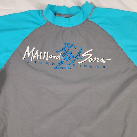 Maui And Sons Shark Riders Mens XL Gray Blue Shirt UV Protection Rash Guard - Picture 4 of 9